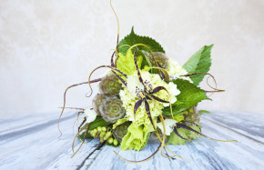 Brassia Orchids with hydrangea and scabiosa