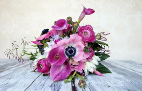 Pink calla, ranunculus, jasmine and anemones
