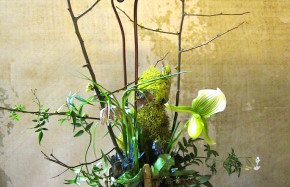 Driftwood Vase with Paphiopedilum Orchid and Woodland Flowers