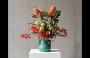 Banksia with orchids in mid Century vase