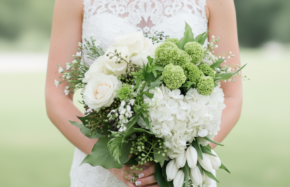 Hand-tied bouquet in mixed whites and greens